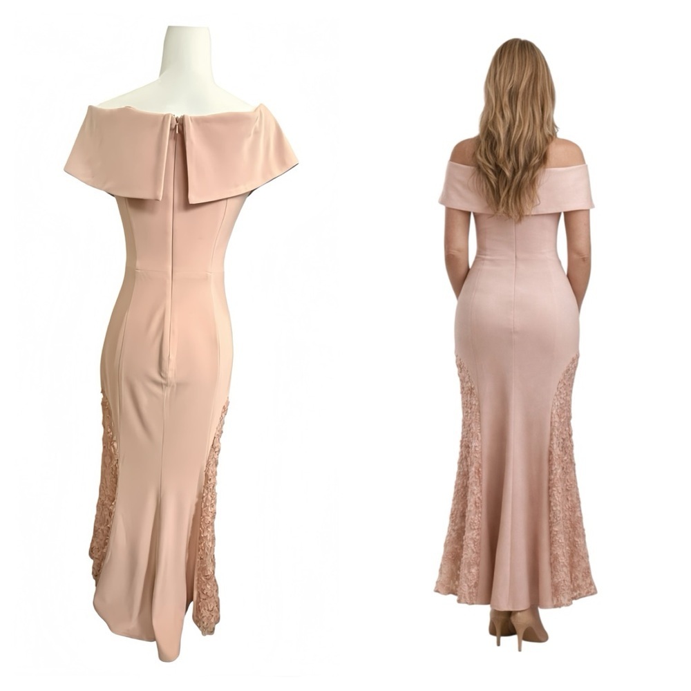 Betsy & Adam Bardot Off Shoulder Mermaid Gown 4 Blush Pink Lace Formal Dress - Picture 4 of 14